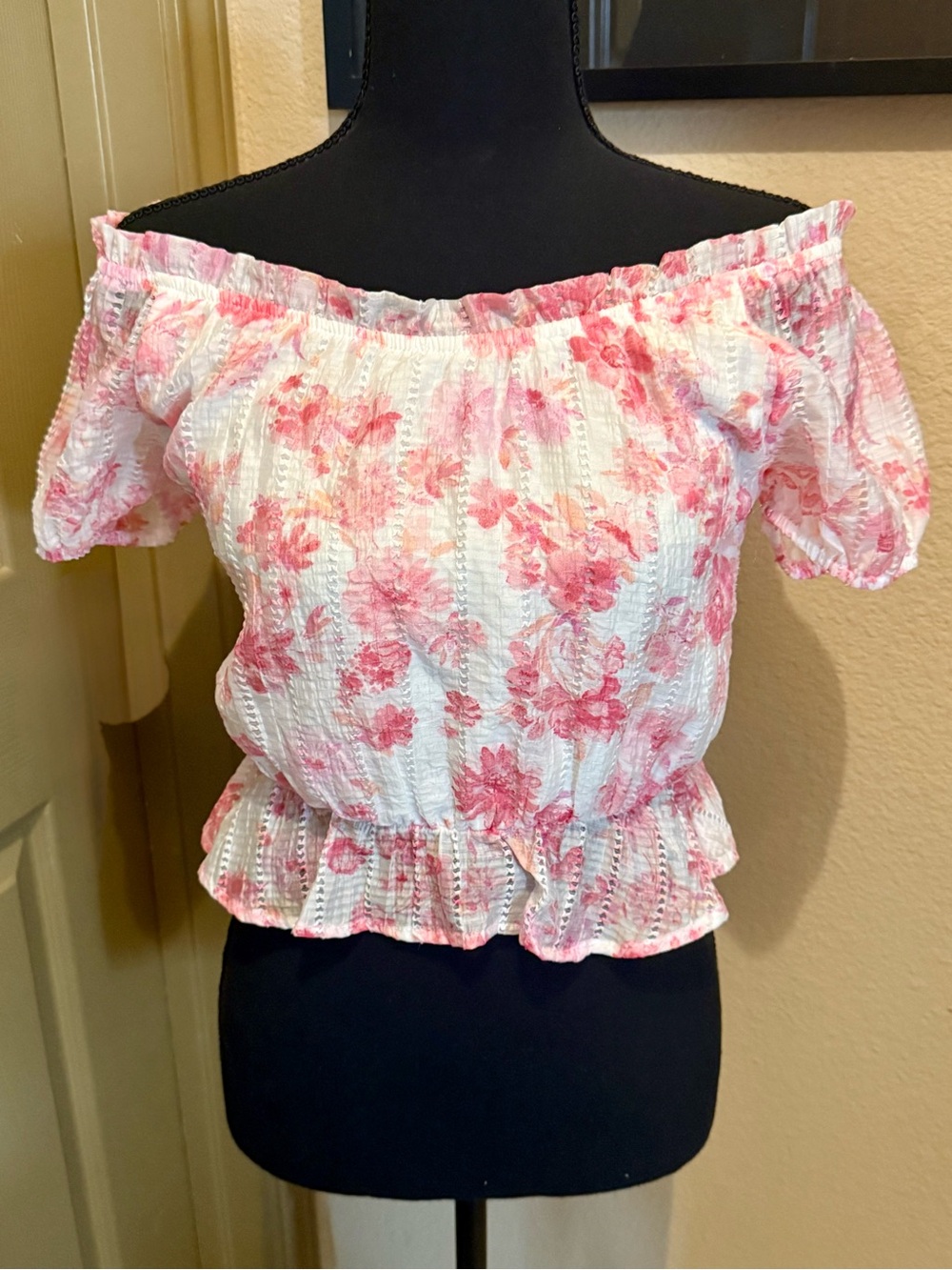 Love Squared White & Pink Floral Off-Shoulder Smocked Crop Top